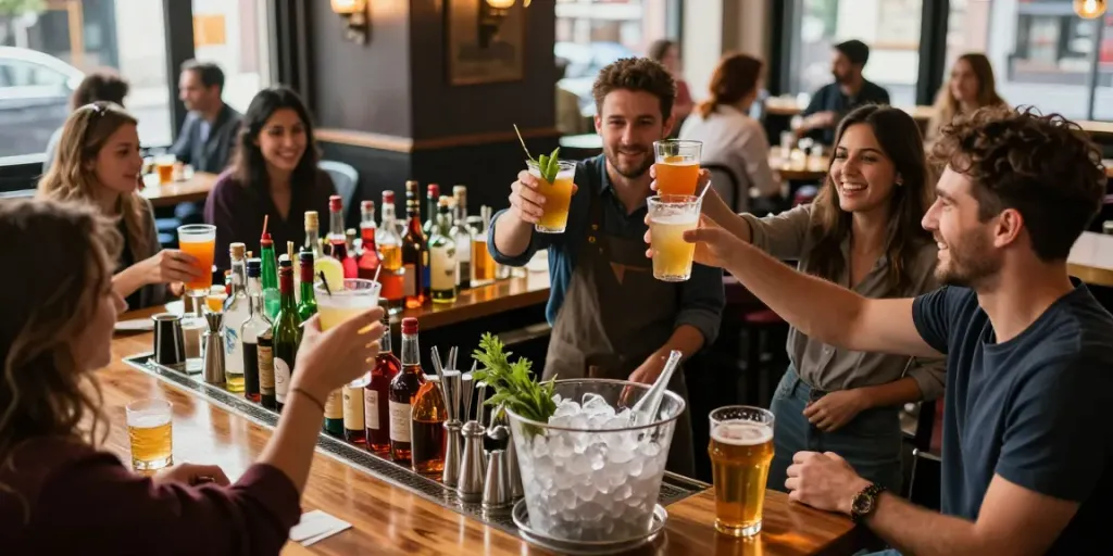 Suasana bar di The Keg Room NYC, bartender meracik koktail dikelilingi oleh teman-teman yang bersuka cita.