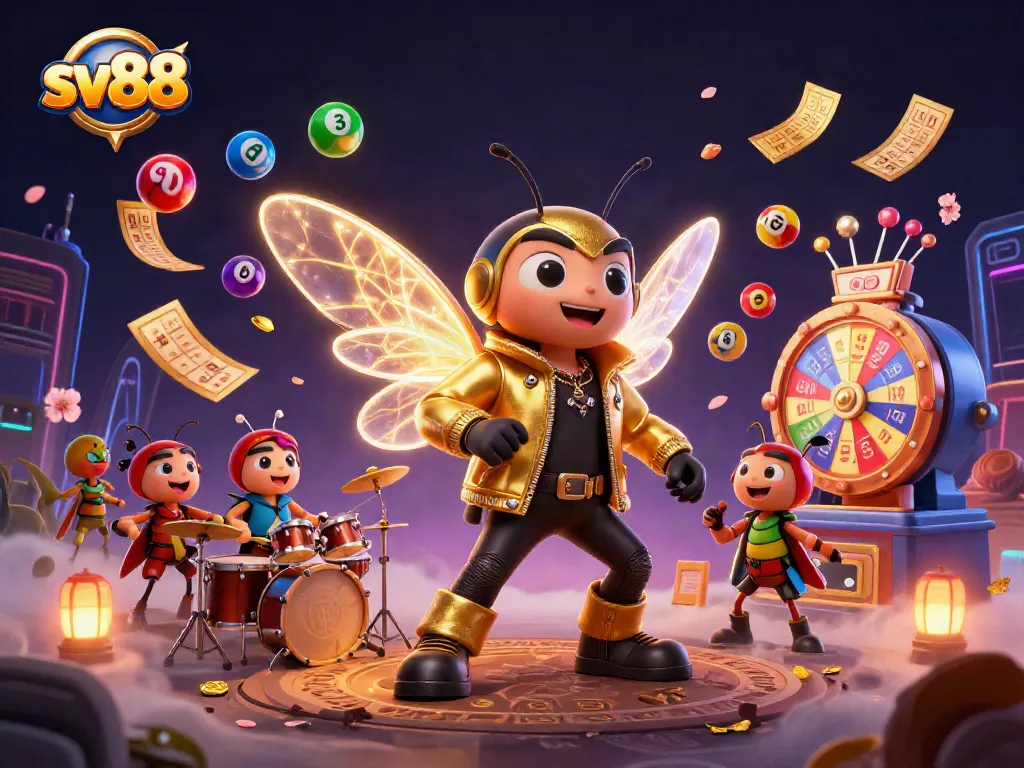 Experience thrilling gaming action at sv88 with colorful lottery elements, rock star characters, and dynamic visuals.