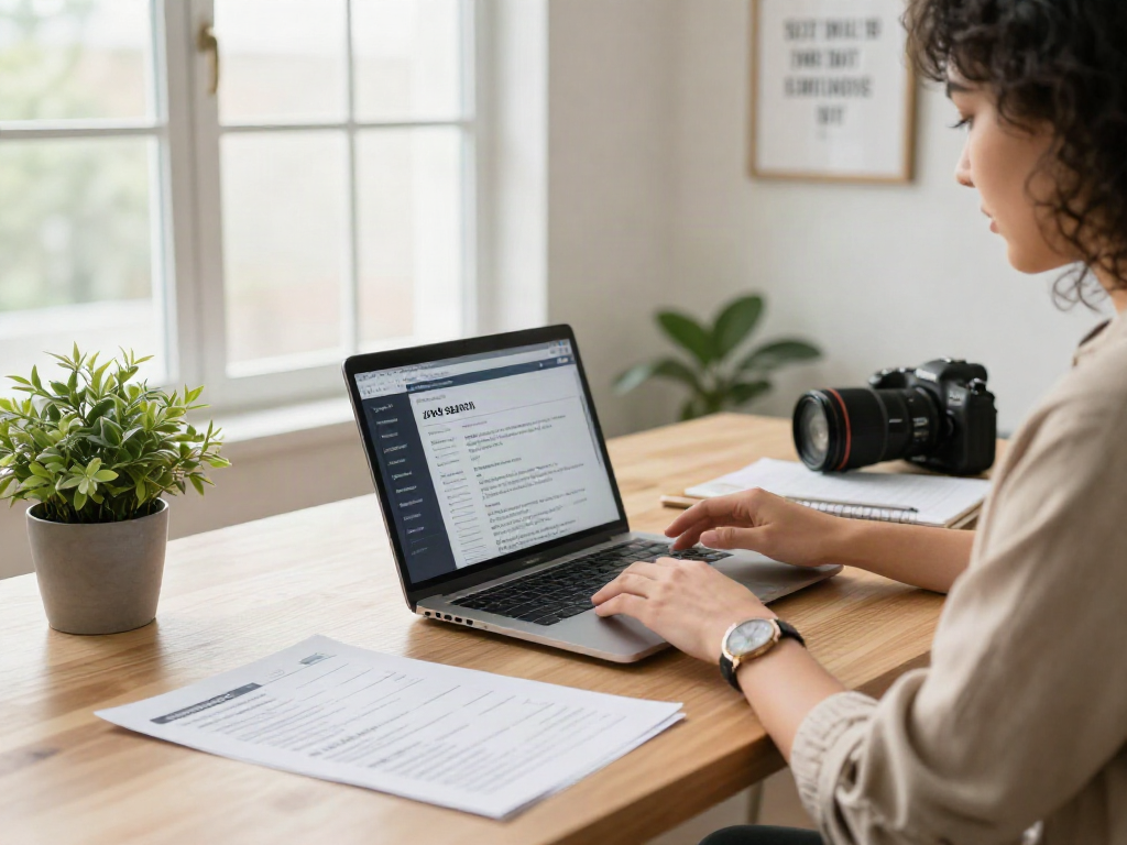 Individual engaged in a job search at home reviewing listings for หางาน with resumes and motivational decor