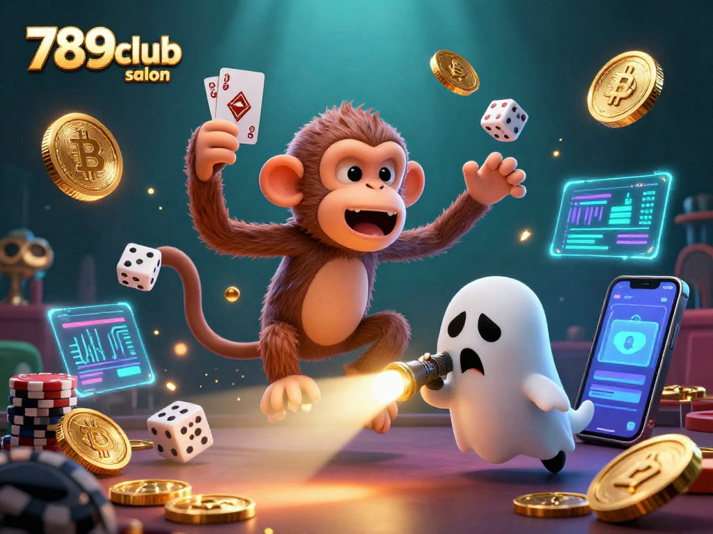 Experience thrilling gameplay at 789club salon with a haunted casino scene featuring a playful monkey and a curious puppy.