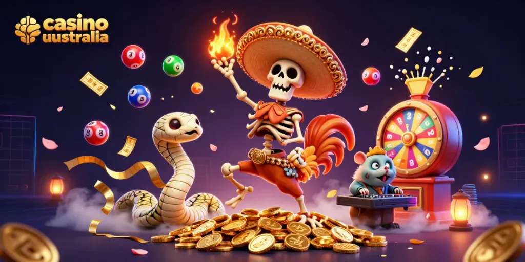 Explore the vibrant victory dance of a skeleton mariachi rooster amidst a casino australia scene filled with colorful lottery balls and golden rewards.