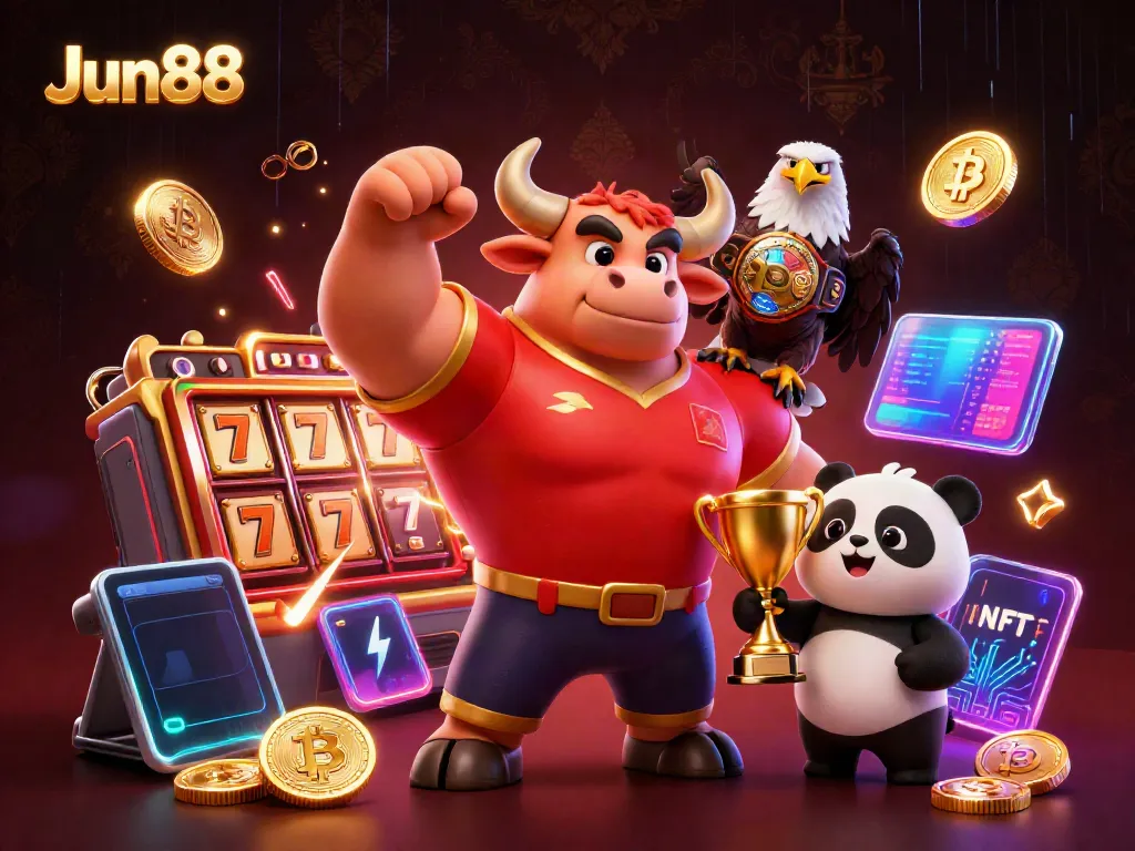 Engage in thrilling gameplay with Jun88's vibrant casino atmosphere featuring a victorious bull mascot.
