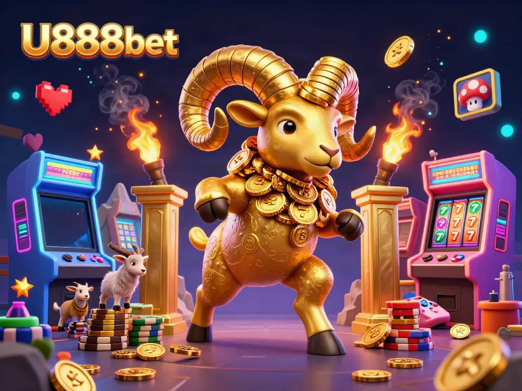 Engage in thrilling gaming with U888bet's vibrant 3D casino action scene featuring a golden ram and arcade elements.