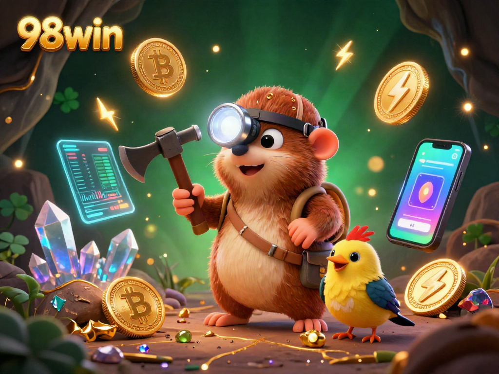 Win big with 98win in a vibrant scene featuring a treasure hunter mole, Bitcoin, and Ethereum elements.