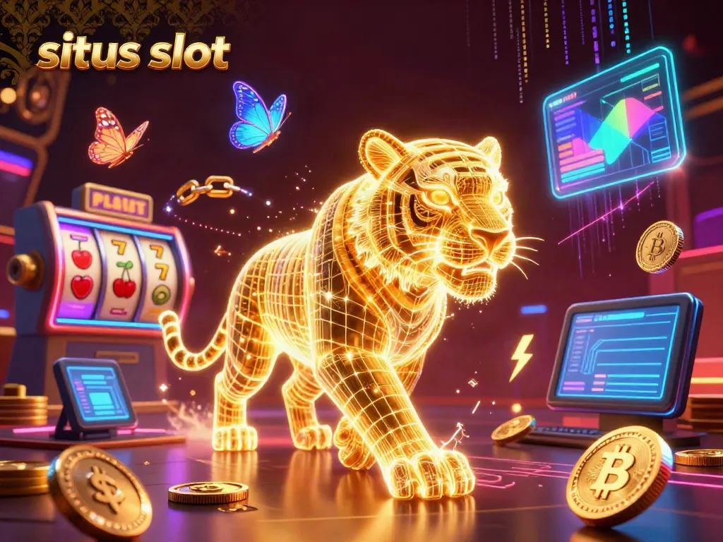 Experience the excitement of situs slot with neon-wireframe characters and dynamic casino elements.