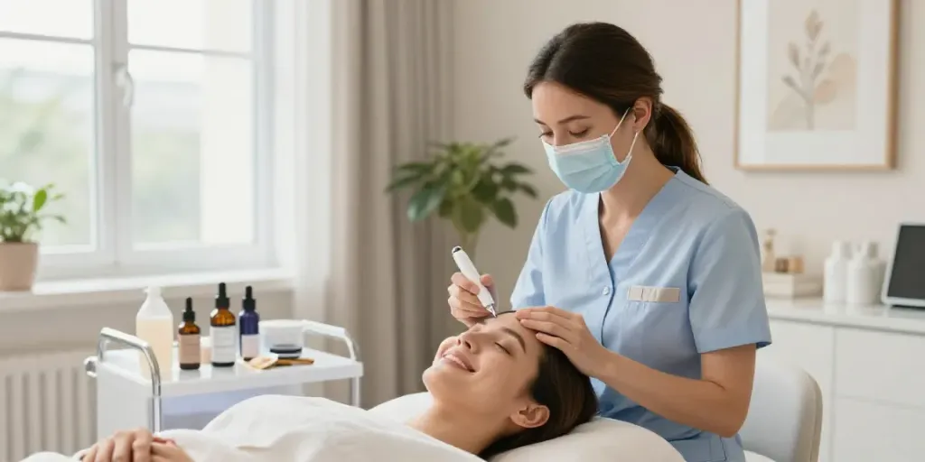 Client receiving Augenringe entfernen treatment in a modern beauty clinic.