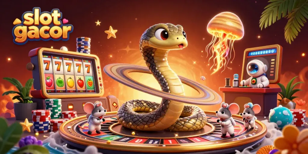 Engaging scene of slot gacor gameplay with cosmic elements and betting mice character.