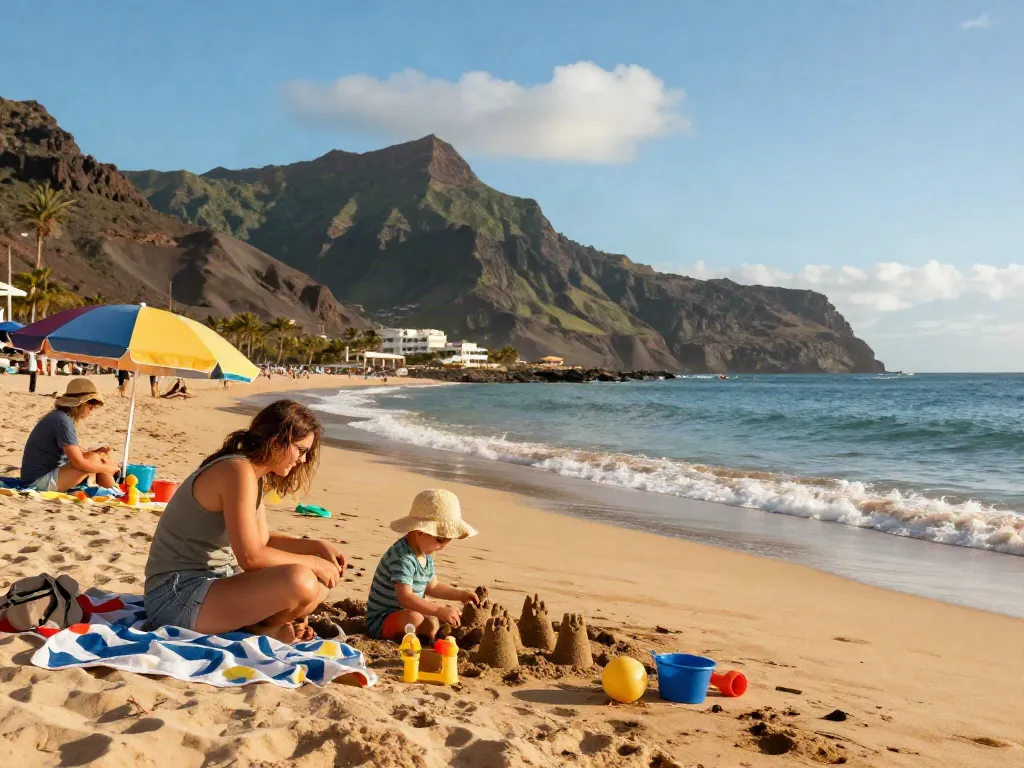 Tenerife Forum family enjoying beach day, toddler building sandcastle with parents in vibrant beach setting.