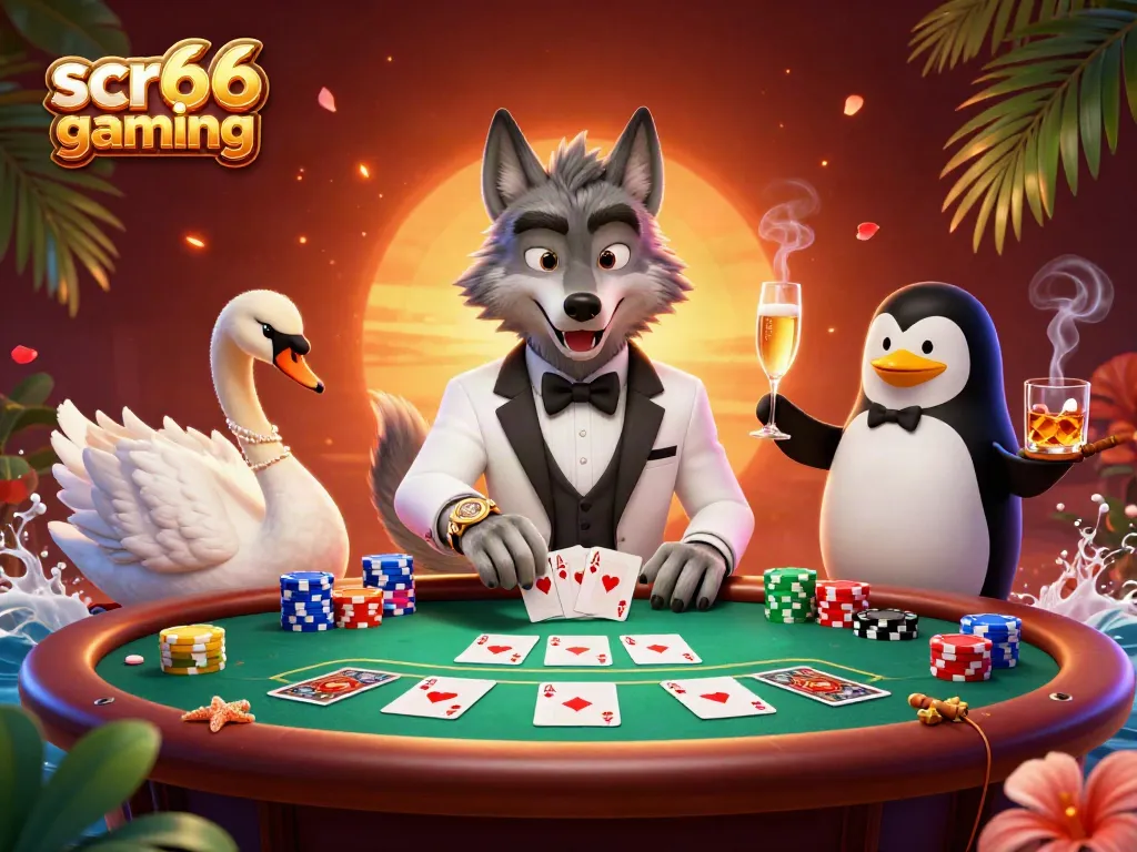 Join the fun at scr66 gaming with a vibrant casino scene featuring poker action and elegant characters.