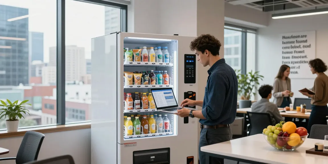 Are vending machines profitable in modern offices with healthy snack options and an entrepreneur analyzing profits?