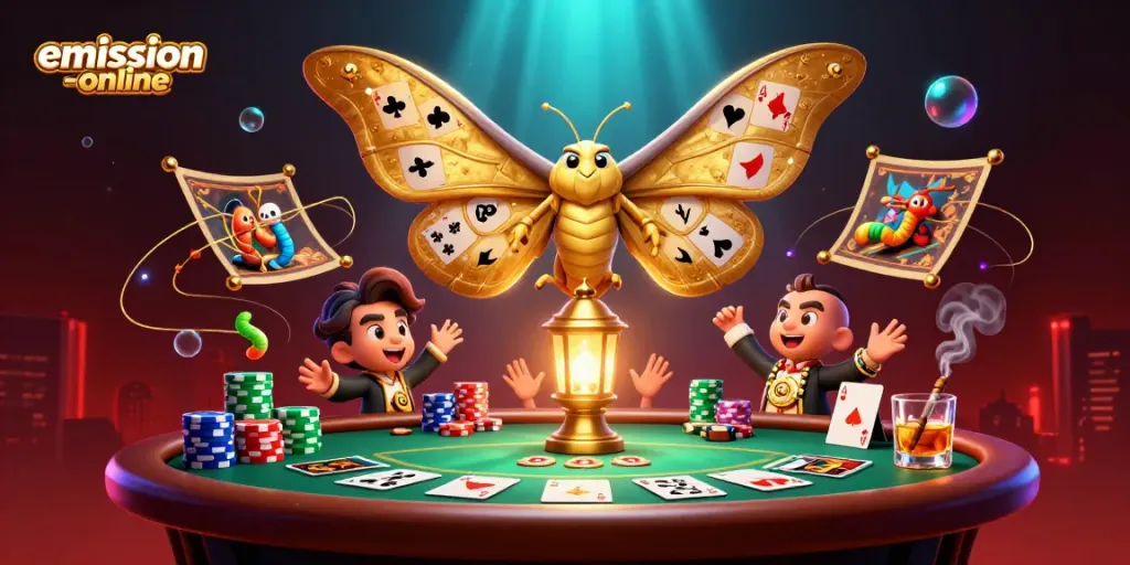 Experience the thrill of emission-online with high-stakes poker in a vibrant casino scene.