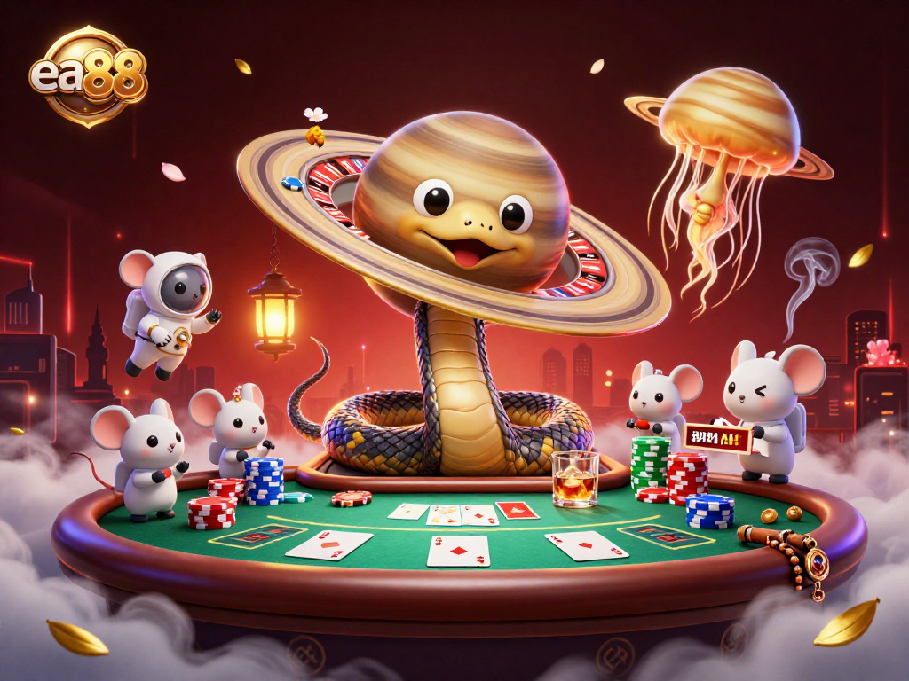 ea88 features a casino scene with a Saturn ring snake dealer and astronaut mice placing bets.