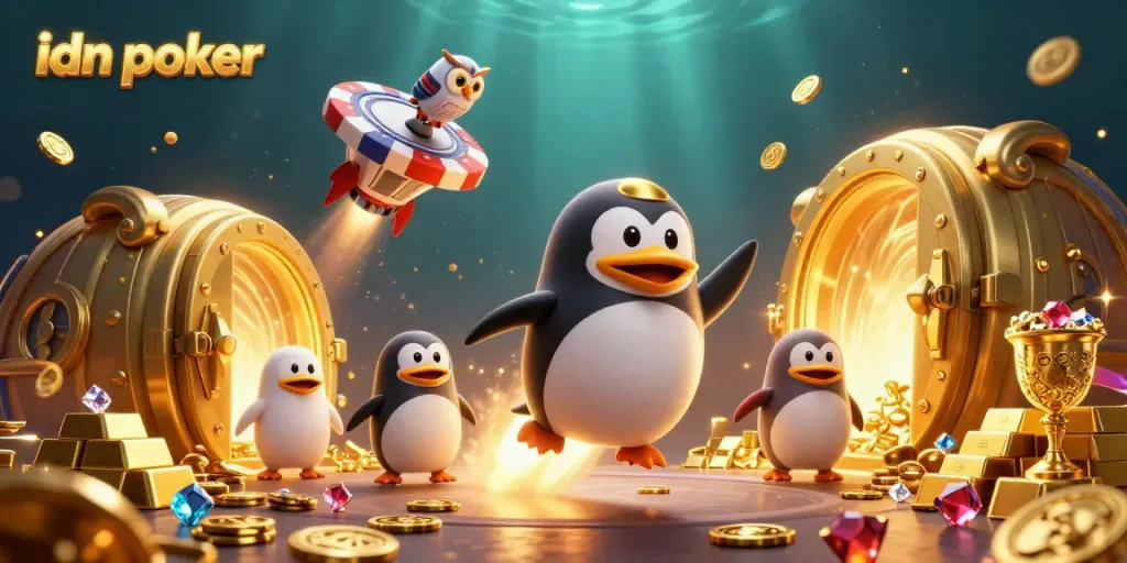 Experience thrilling idn poker adventures with a golden penguin and treasure-filled space!