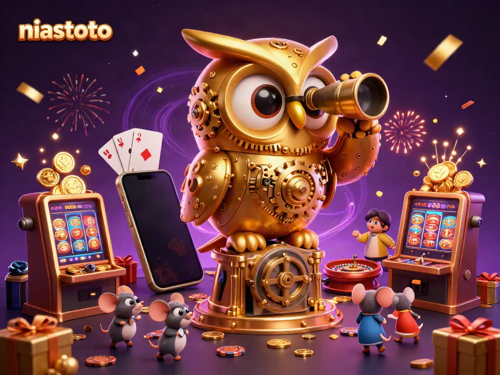 Win big with niastoto in a vibrant casino scene showcasing a golden owl overseeing slot games and excitement.