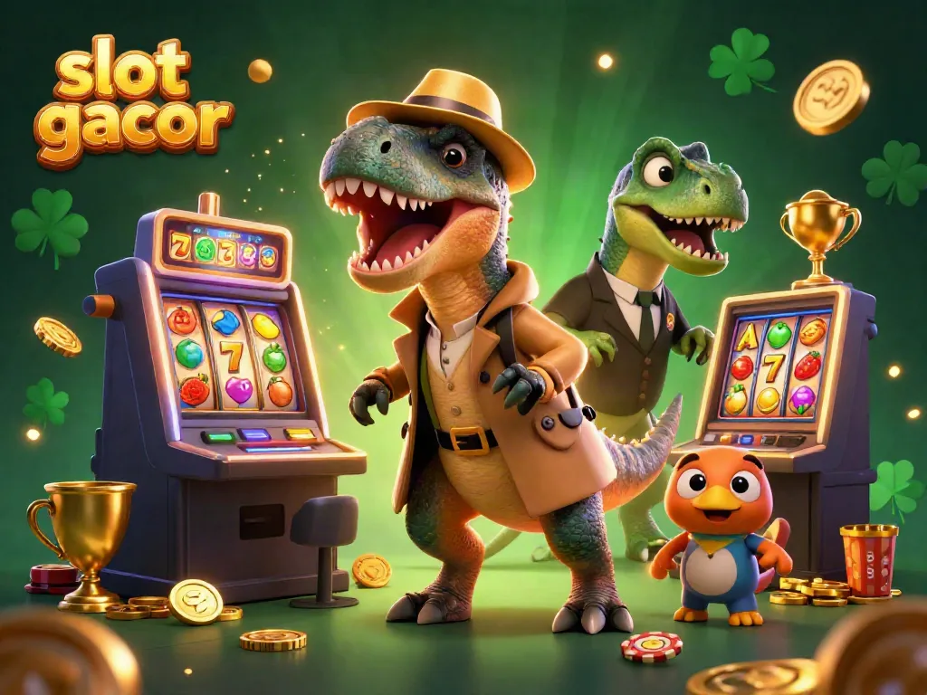 Win big with slot gacor illustrated scene featuring a clever velociraptor at a slot machine.