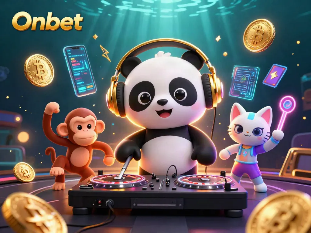 Experience the vibrant Onbet casino scene with a DJ panda and neon crypto elements.