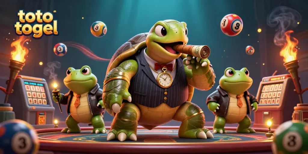 Toto togel: ilustrasi kartun 3D tentang kura-kura gangster di kasino dengan bola lotere.