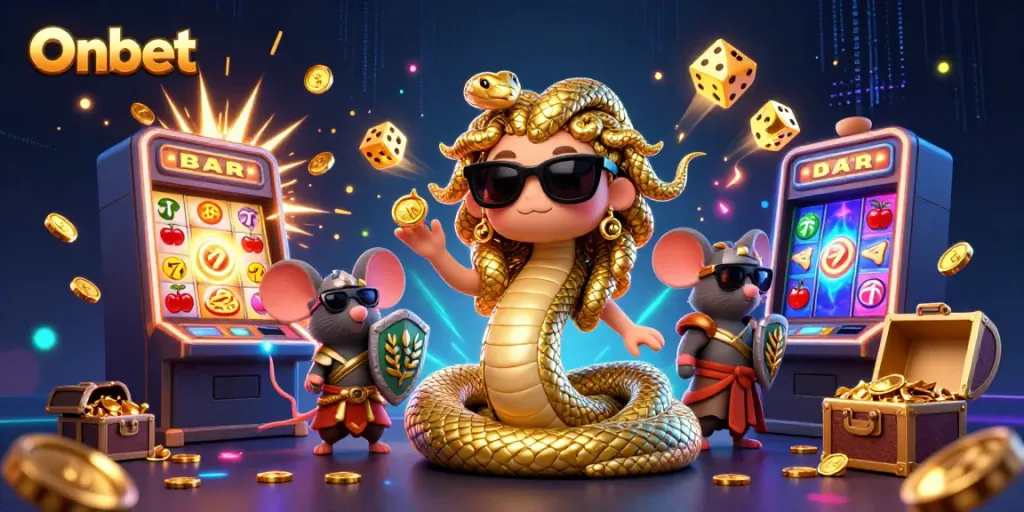Experience the thrill of Onbet with Medusa and a warrior mouse celebrating a jackpot win in this vibrant casino scene.