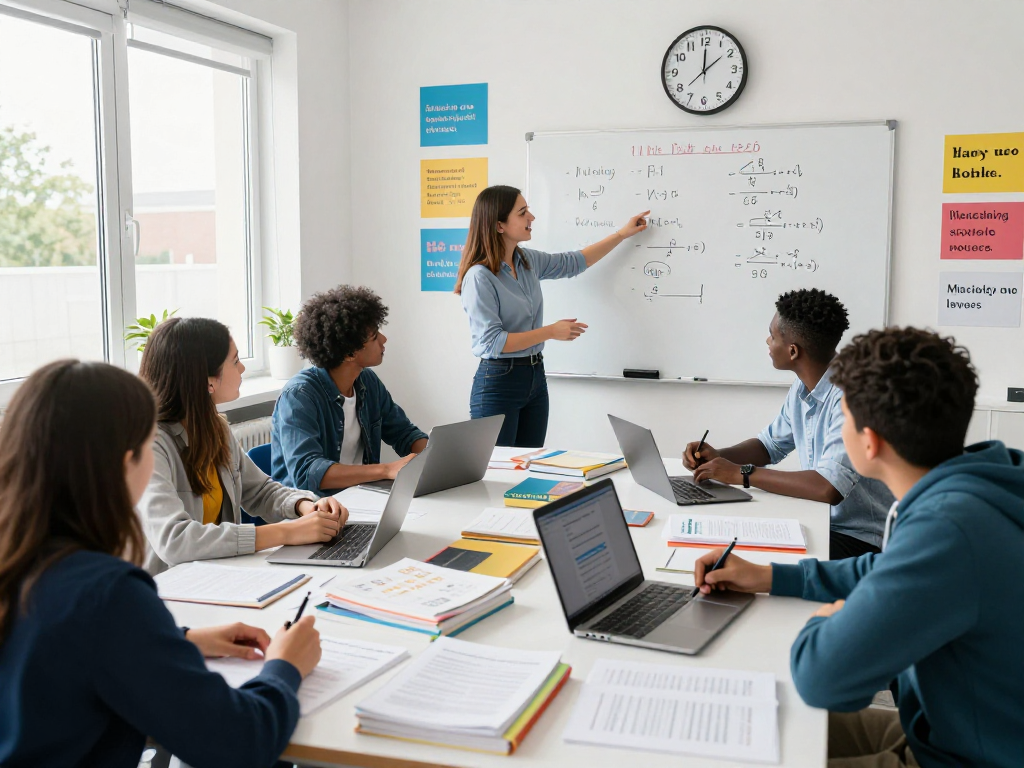 Group of students with 11 plus exam tutors near me, collaborating on study material in a lively classroom.