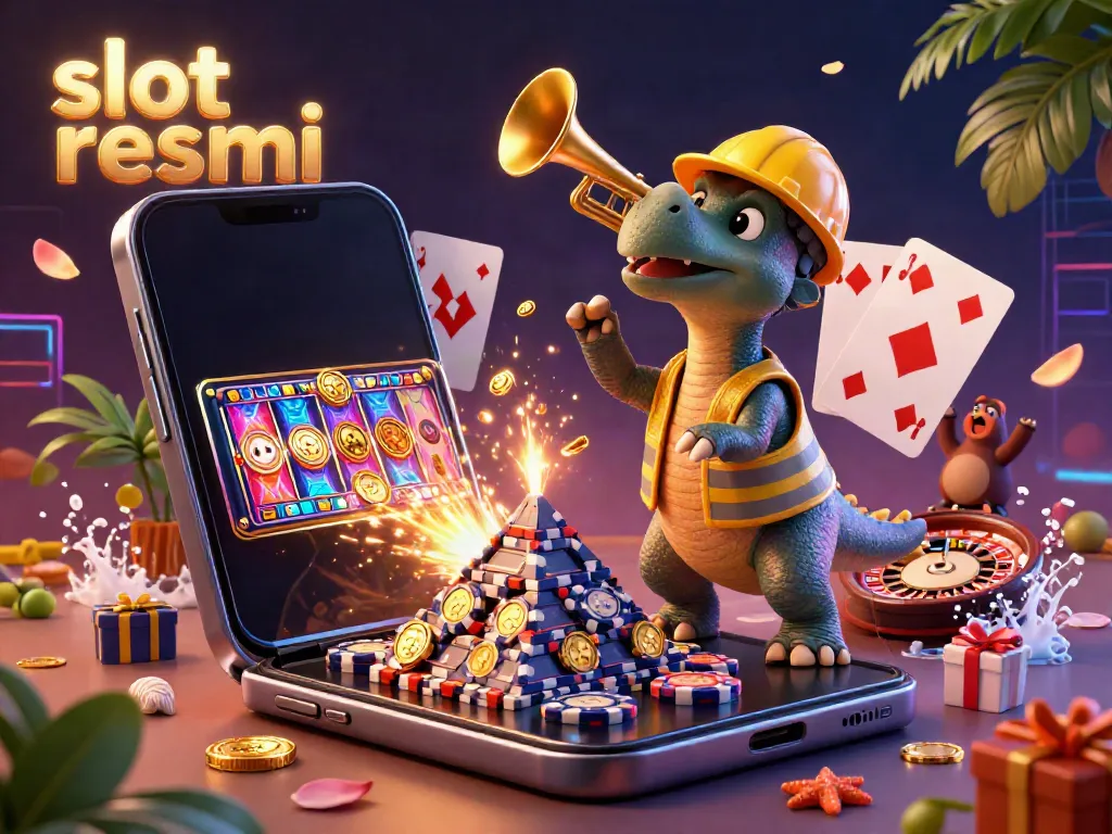 Engage with slot resmi as a cartoon triceratops builds poker chips while celebratory creatures cheer in a vibrant casino scene.