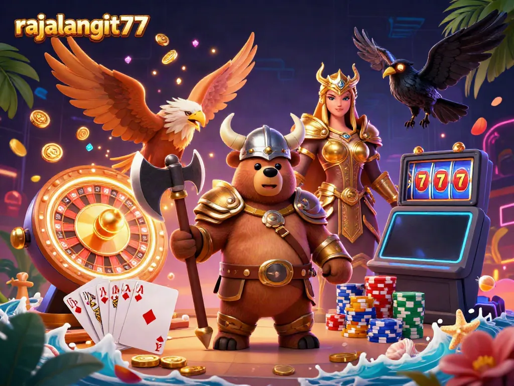 Gambarkan pengalaman bermain di rajalangit77 dengan karakter Viking dan elemen permainan kasino yang menarik.