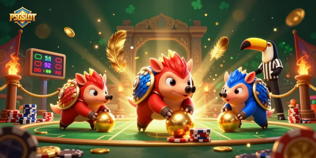 Engage in thrilling play with PSGSLOT as 3D pangolins enjoy a vibrant casino battle scene.