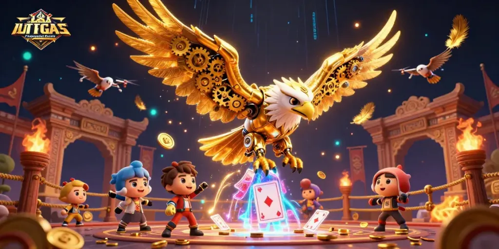 Engage in thrilling Las Vegas Corporate Events with an animated scene featuring a cybernetic eagle and vibrant casino elements.