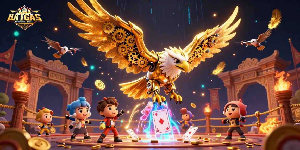 Engage in thrilling Las Vegas Corporate Events with an animated scene featuring a cybernetic eagle and vibrant casino elements.