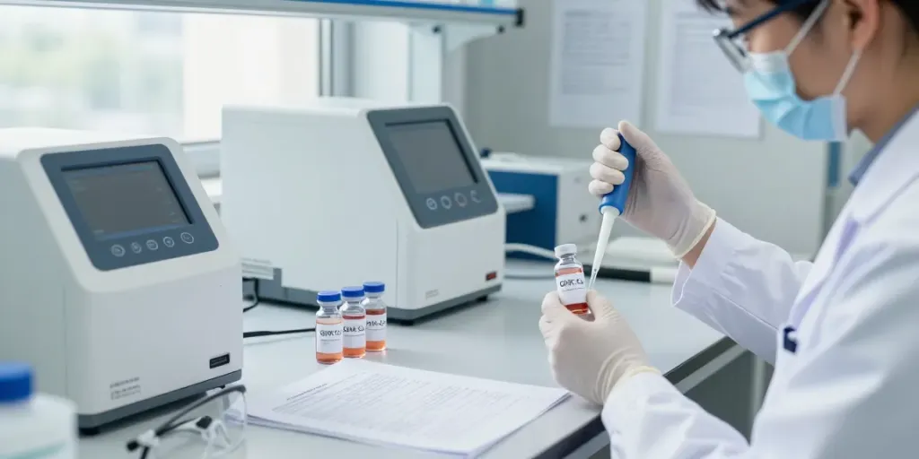 Researcher analyzing GHK-Cu copper peptide for sale in a well-equipped laboratory.