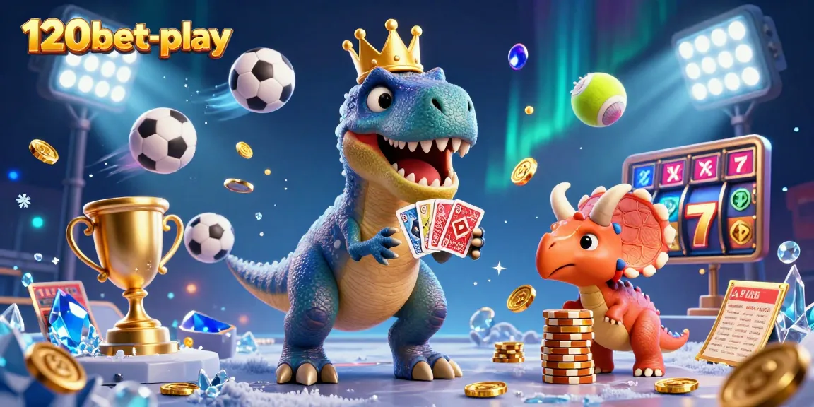 Engage in exciting gameplay at 120bet-play with friendly dinosaur mascots shuffling cards and stacking chips.