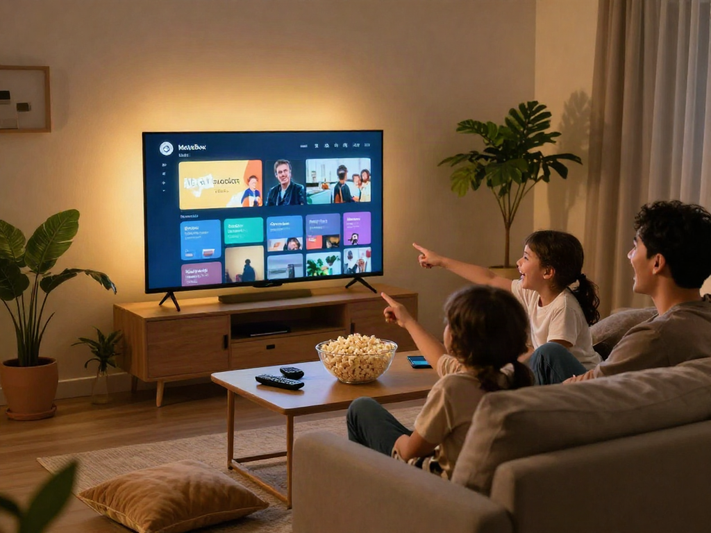 Family enjoying a movie night using Moviebox app in a cozy living room.