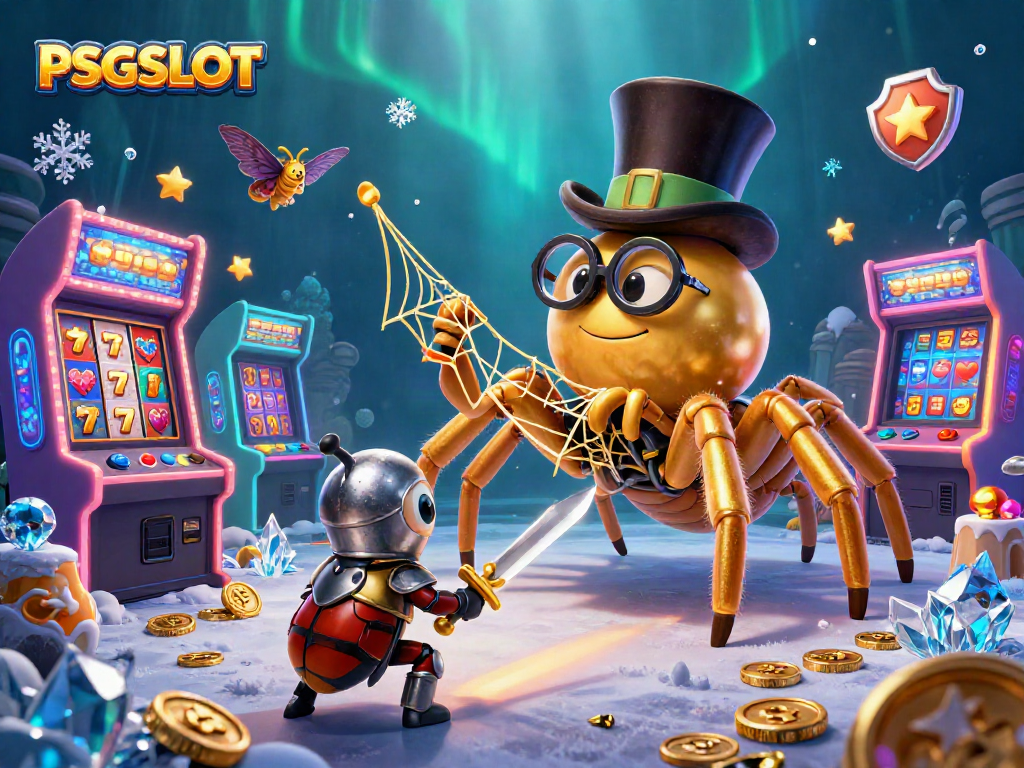 Engage with PSGSLOT as a giant golden tarantula spins a jackpot web among colorful slot reels.
