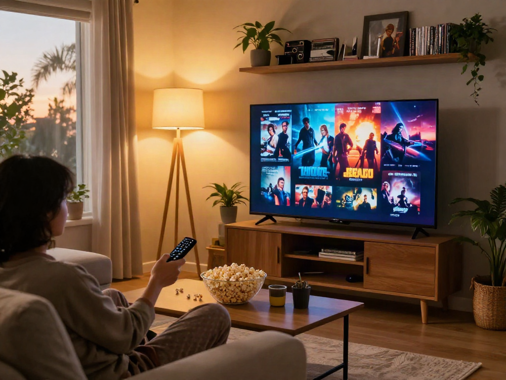 Enjoying a vibrant moviebox streaming experience in a cozy living room.