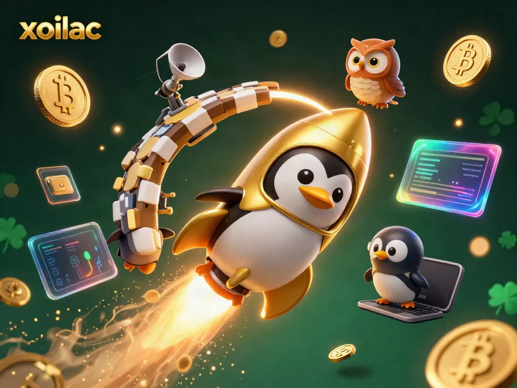 Xoilac brings excitement with a golden penguin and poker chip casino in a vivid gaming scene.