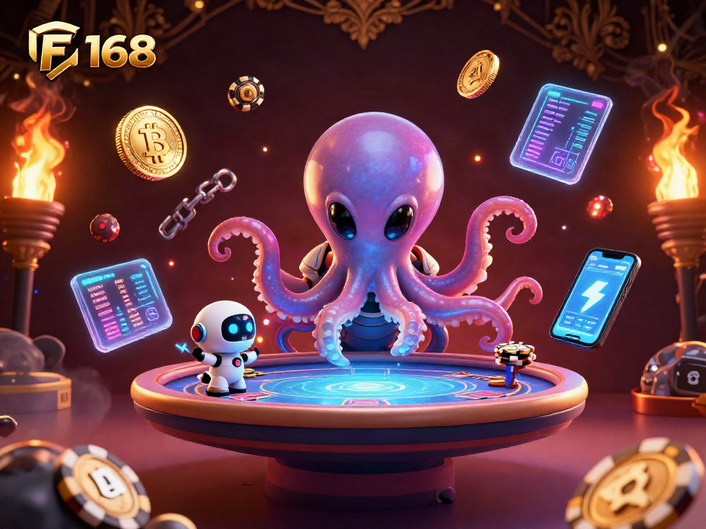 Engage with the F 168 alien octopus at a holographic poker table in this vibrant casino scene.