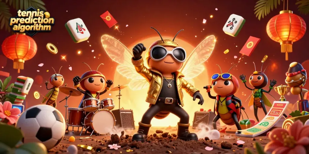 Tennis prediction algorithm illustrates celebratory sports betting elements with vibrant characters and dynamic visuals.