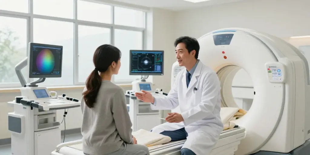 Ärztin erklärt einem Patienten die Röntgenreizbestrahlung in der Nähe in einer modernen radiologischen Klinik.