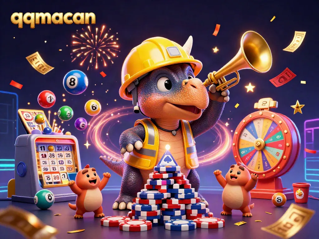 Experience the excitement of qqmacan with vibrant game elements in a dynamic celebration scene.