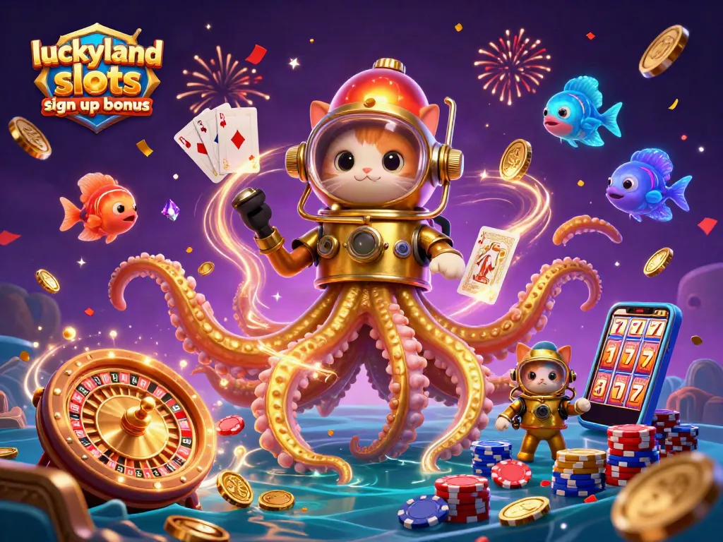 Win big with the luckyland slots sign up bonus, featuring a kraken and diving cat in a dynamic casino scene.