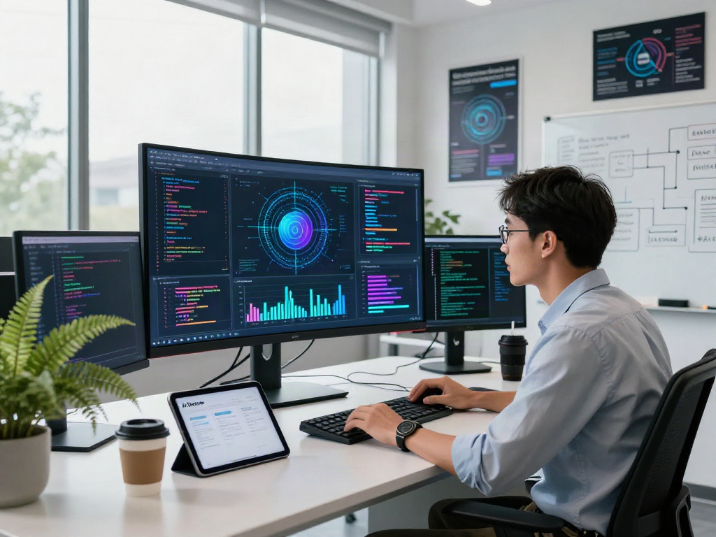 AI Detector interface displayed in a modern tech workspace with vibrant data visuals.
