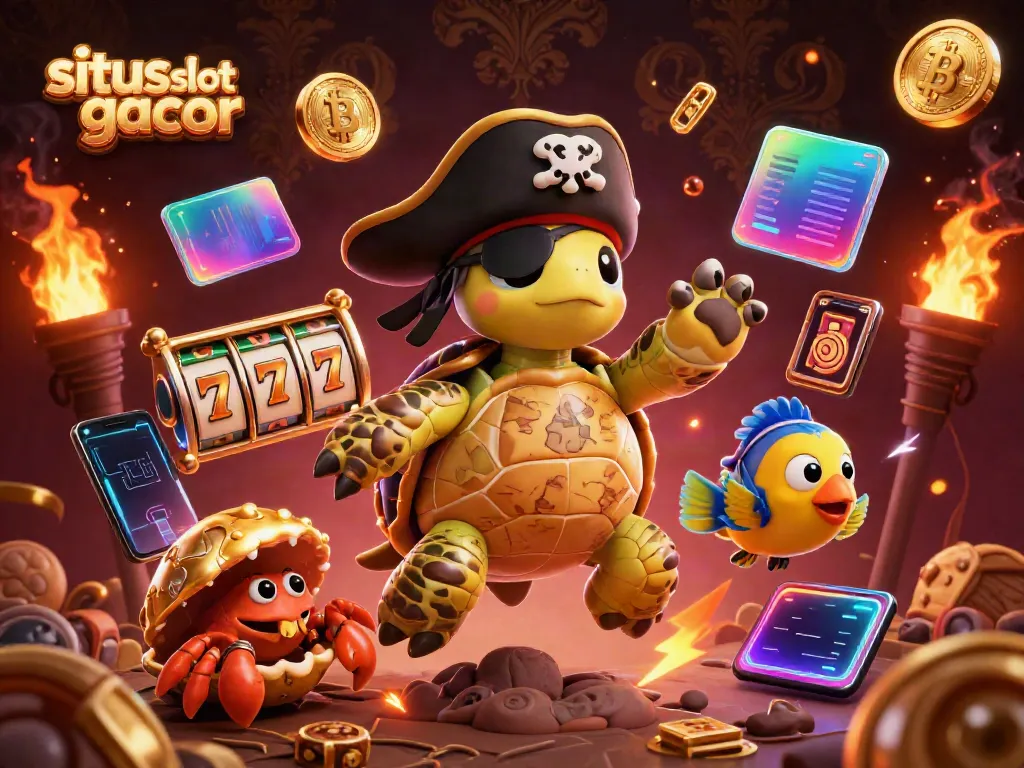 Visualisasi situs slot gacor dengan karakter kartun unik dan elemen kasino yang menarik.