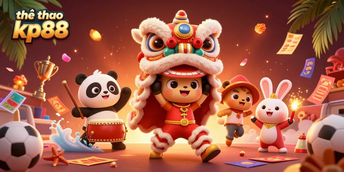 Engage in thrilling sports betting with thể thao kp88 featuring a dynamic lion dance and vibrant casino elements.