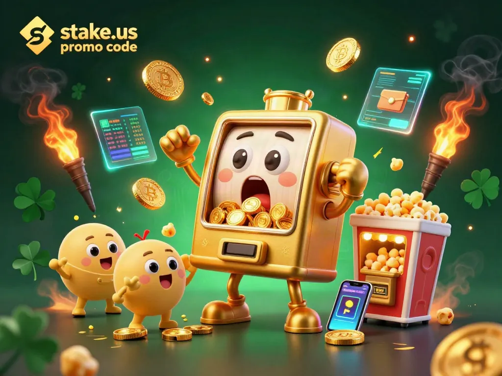 Activate your stake.us promo code for big wins with a golden slot machine hitting a jackpot.