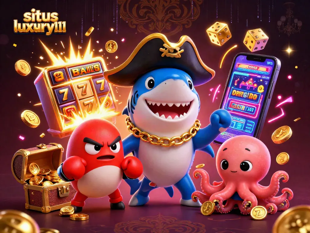 Win big at situs luxury111 with a vibrant cartoon casino scene bursting with gold coins and slot machines.