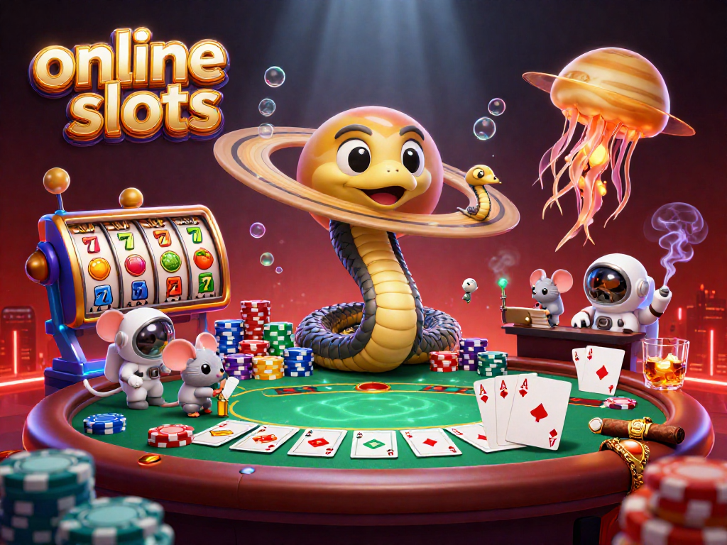 Engage with online slots through this vibrant 3D illustration capturing cosmic gambling excitement.