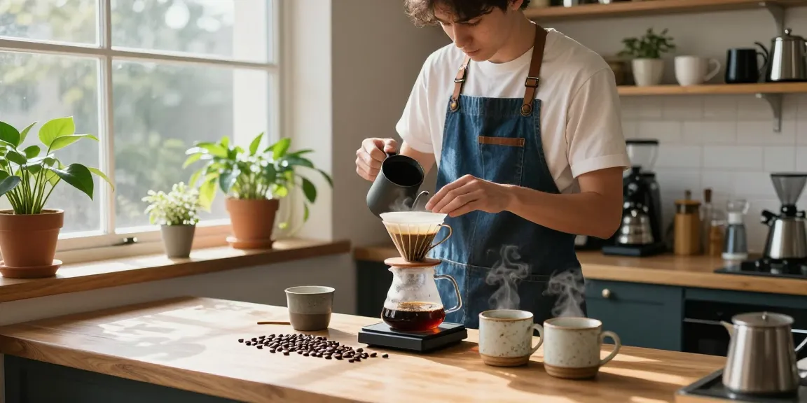Pour-over coffee brewing with Ebb upcycled denim aprons at www.ebbfilter.com in a cozy, sunlit kitchen.