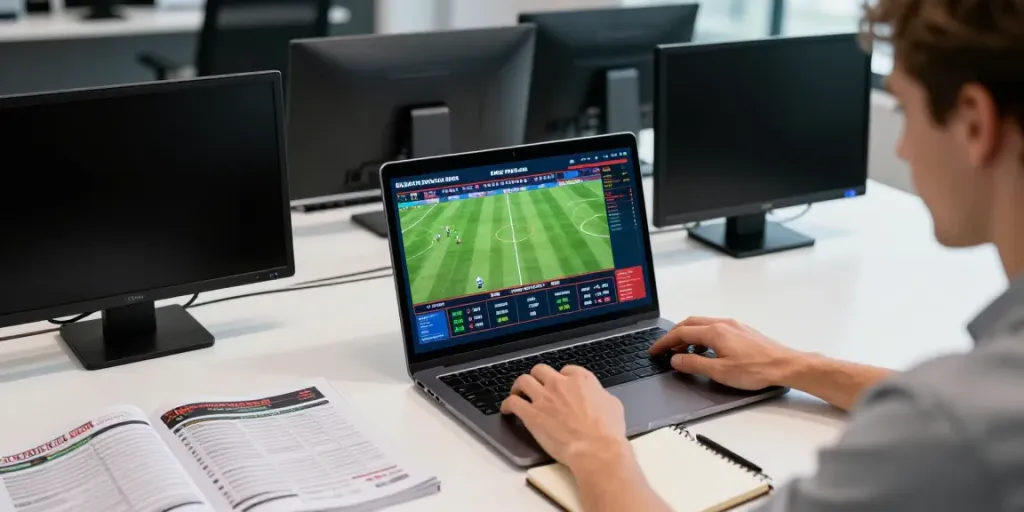 DewaGG online betting enthusiast actively placing bets with live football match statistics displayed on multiple screens.