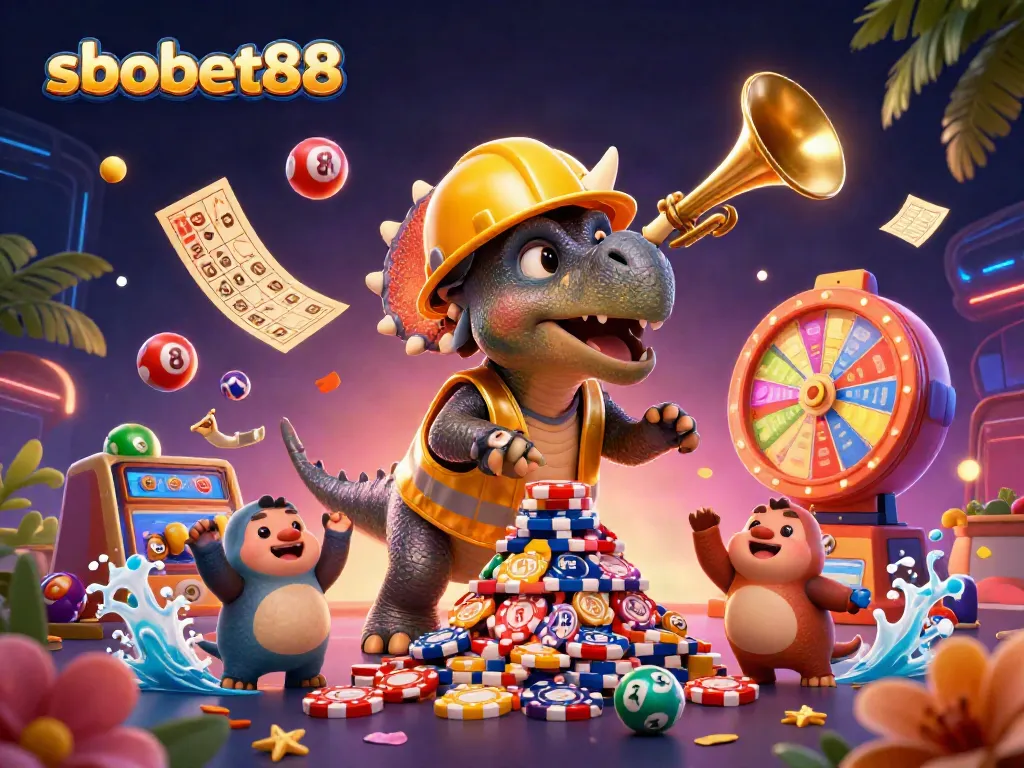 Participate in sbobet88 through a vibrant illustration of a triceratops celebrating with poker chips.