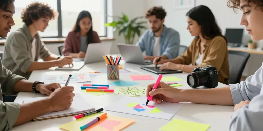 Dynamic workspace highlighting a highlighter pen supplier's colorful products.