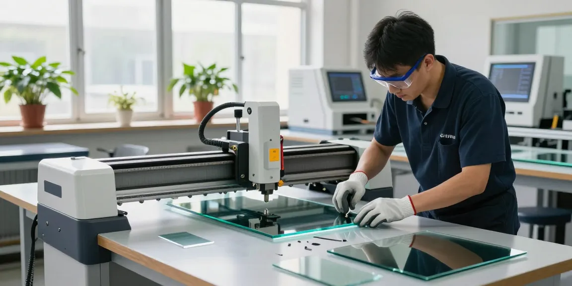 Technician operating a glass cutting machine in a modern workshop.